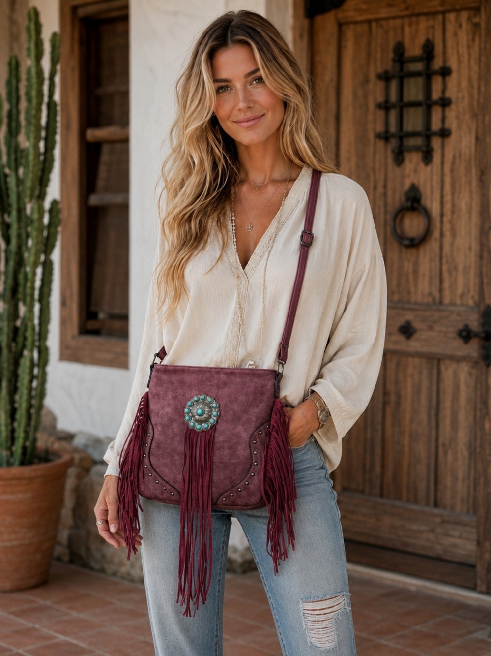 Boho Fringe Crossbody Bag with Turquoise Concho - Burgundy